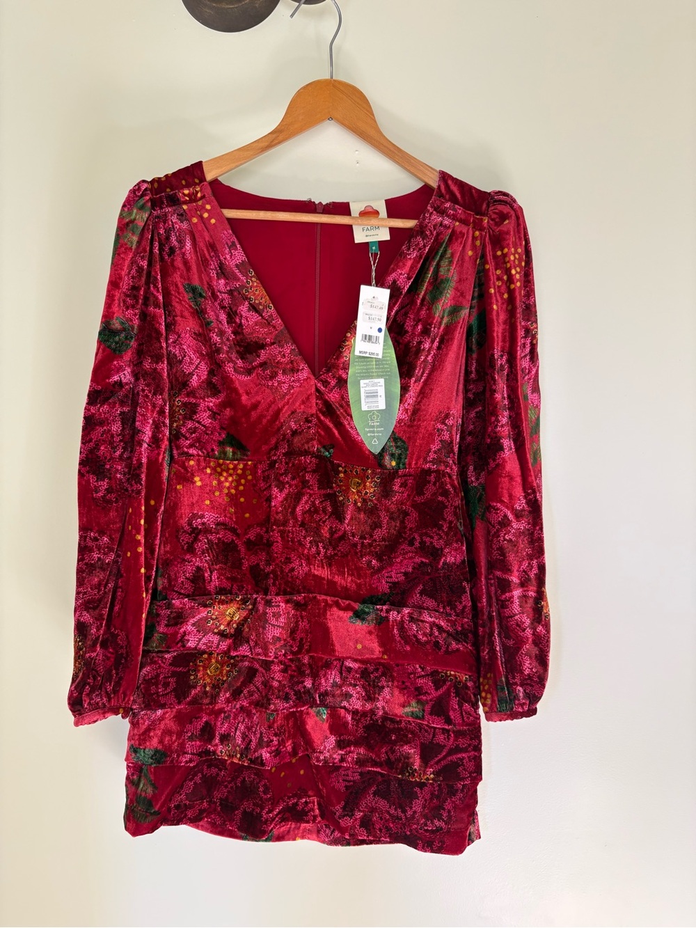 Farm Rio Velvet Floral V-Neck Mini Dress in Deep Red